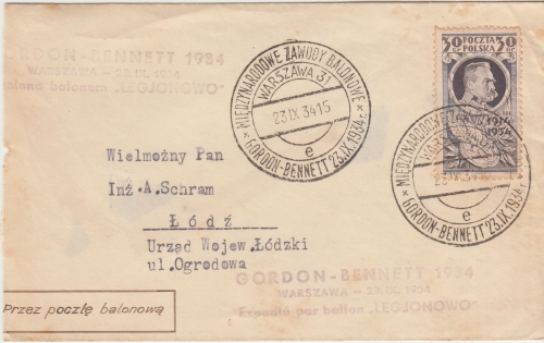 Polen - Gordon Bennet Ballon Flug Brief SST Warschau 23.9.34