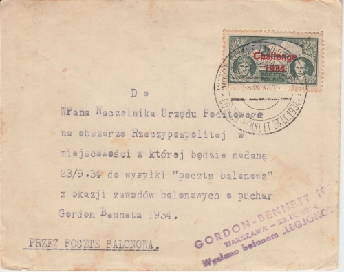 Polen - Gordon Bennet Ballon Flug Brief SST Warschau 23.9.34