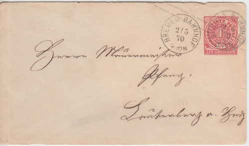 NDP - Bremen Bahnhof 2.5.70 K1 1 Gr. Ganzsache n. Boitenburg (?)