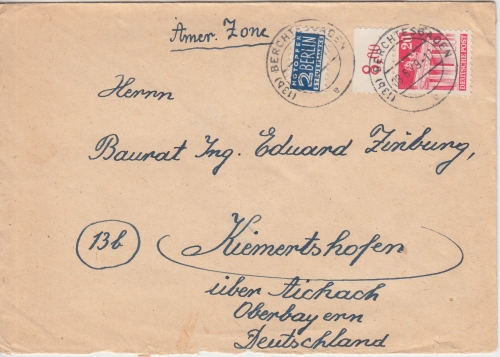 Bizone - 20 Pfg. Bauten Oberrand Brief Berchtesgaden - Kiemertshofen 1949