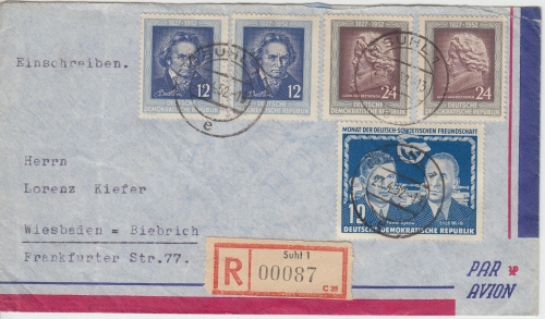 DDR - 12 Pfg. Freundschaft u.a. Einschreibebrief Suhl - Wiesbaden 1952