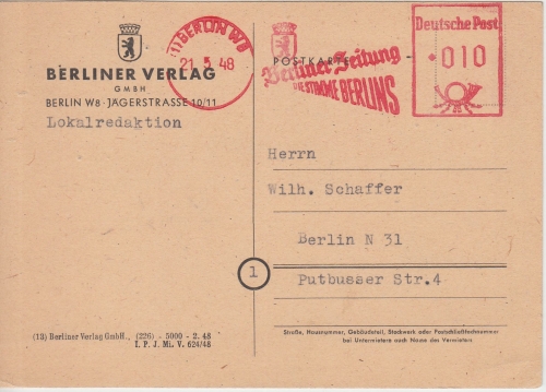 Berlin - Berlin W8 1948 10 Pfg. AFS "Berliner Zeitung" Ortskarte