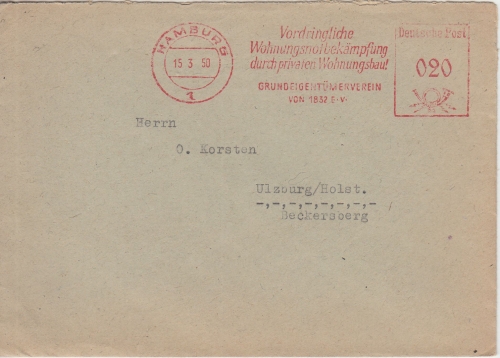 BRD - Hamburg 1950 20 Pfg. AFS Grundeigentümerverein Brief n. Ulzburg