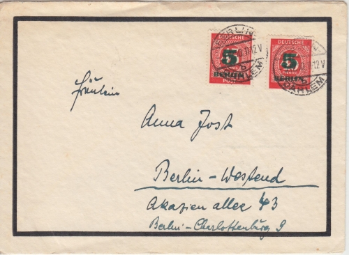 Berlin - 2x5 Pfg. Grünaufdruck Orts-Trauerbrief B.-Dahlem 1950