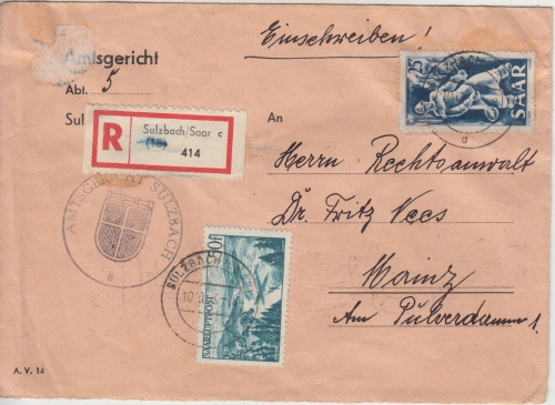 Saarland - 50 Fr. Flugpostausgabe u.a. Einschreibebrief Sulzbach - Mainz 1953