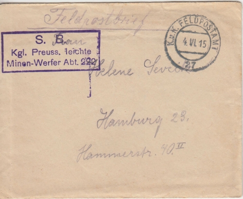 DR/Österreich - Preuss. Minen-Werfer-Abt. 222/KuK-Feldpostamt 27 Brief 1915