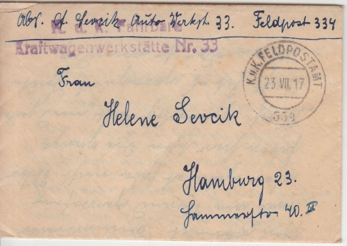 Österreich - KuK Fahrbare Kraftwagenwerkstätte Nr. 33 FpA 334 Feldpostbrief 1917