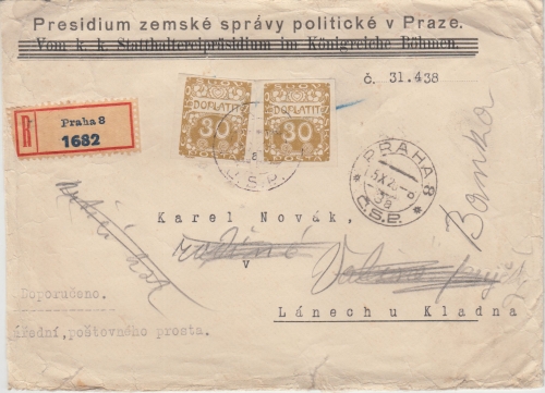 Tschechien - 2x30 H. Portomarken Unfrank. Brief Prag - Lanechu Kladna 1920