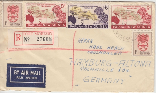 PNG 1'6 Sh. u.a. Südpazifik-Konferenz Luftpost Einschreibebrief Pt. Moresby 1962
