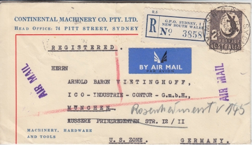 Australien - 2 Sh. Krokodil Luftpost Einschreibebrief Sydney - München 1950