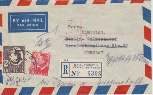 Australien - 2 Sh. Krokodil u.a. Luftpost Einschreibebrief Sydney - Berlin 1951