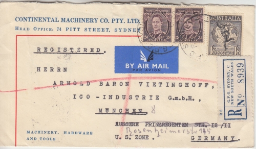 Australien - 1'6 Sh. Götterbote Hermes ua. Luftpost Einschreibebrief Sydney 1950