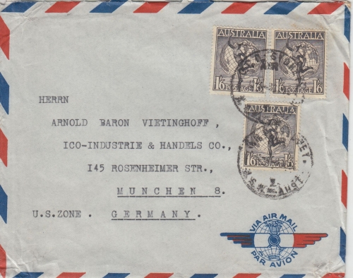 Australien - 3x1'6 Sh. Götterbote Hermes Luftpostbrief Sydney - München 1950