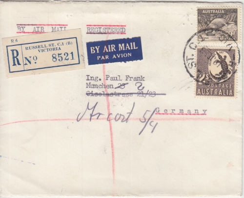 Australien - 2 Sh. Krokodil ua. Luftpost Einschreibebrief Melbourne München 1956