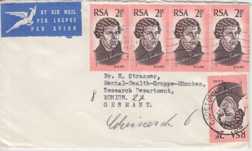 Südafrika - 5x2 1/2 C. 450 J. Reformation Luftpostbrief Cape Town - München 1967