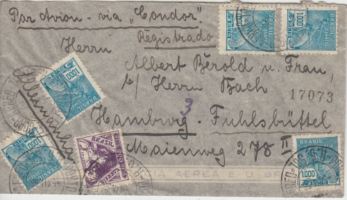 Brasilien - 5x1.000 R. Frau/Globus u.a. Luftpost R-Brief Porto Alegre 1936