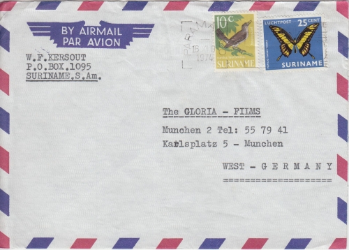 Surinam - 25 C. Schmetterling u.a. Luftpostbrief Paramaribo - München 1974