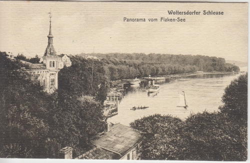 Brandenburg - Woltersdorf Schleuse Panorama v. Flaken-See sw-AK gelaufen 1915