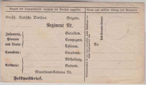 Baden - Feldpost 1870/71 Vordruckkuvert Grosh. Bad. Division ungebraucht