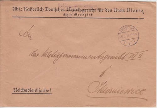 DP Polen - Grodzisk 1918 Reichsdienstsache n. Skierniewice