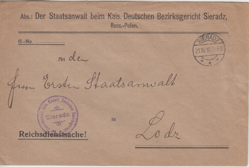 DP Polen - Sierdaz 1916 Reichsdienstsache (Staatsanwalt) n. Lodz
