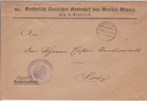 DP Polen - Grodzisk 1916 Reichsdienstsache (Kreischef Blonie) n. Lodz