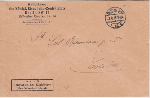DR - Berlin SW11 1915 Frei d. Ablösung 21 Kasse Eisenbahn-Zentralamt Dienstbrief