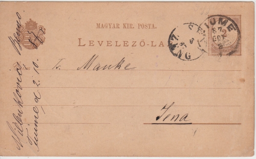 Ungarn - Fiume 1887 K1 2 Kr. Ganzsache n. Jena