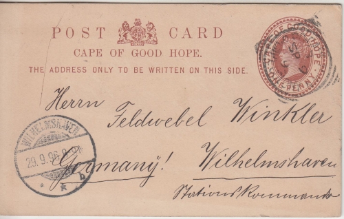 Cape of Good Hope - 1 P. Victoria Ganzsache Kapstadt - Wilhelmshaven/Marine 1896