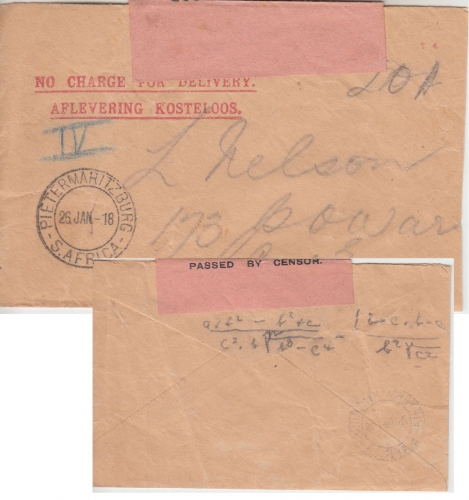 Südafrika - Pietermaritzburg 25. JAN 18 Feldpostbrief - Zensurverschluss
