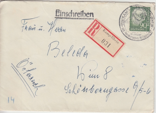 BRD - 90 Pfg. Heuss I Einschreibebrief n. ÖSTERREICH Kamp (Rhein) - Wien 1956
