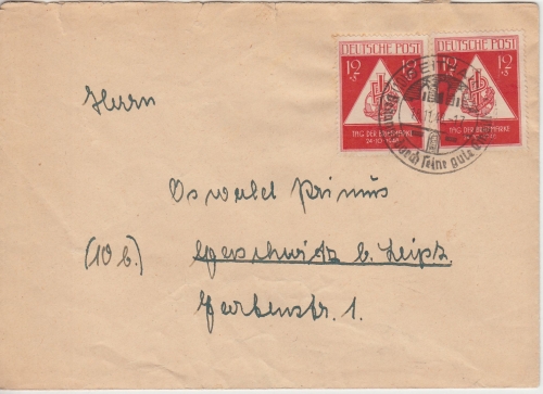 SBZ - 2x12 Pfg. Tag d. Briefmarke Brief Geithain - Gerschwitz 1948