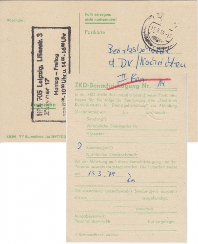 DDR - Leipzig 1979 ZKD Benachrichtigungskarte Ortskarte