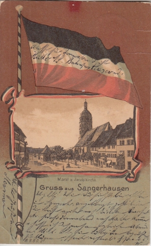 Sachsen-Anhalt - Sangerhausen patriot. AK Markt u. Jacobikirche gelaufen 1904