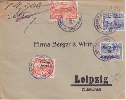 Costa Rica - 1 Col. Telegraphenmarke/Correo Aero u.a. Brief n. Leipzig 1930