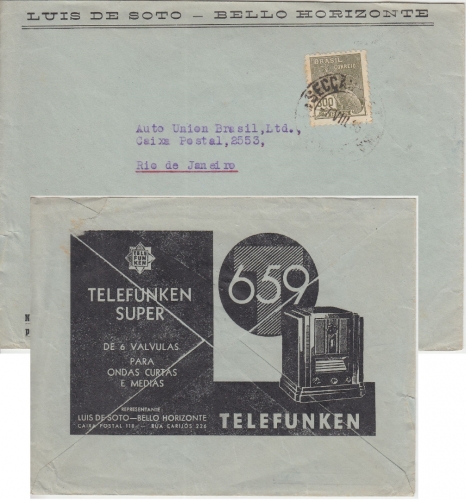 Brasilien - 300 R Merkur illustr. Firmenkuvert (Telefunken) Bello Horizonte 1938