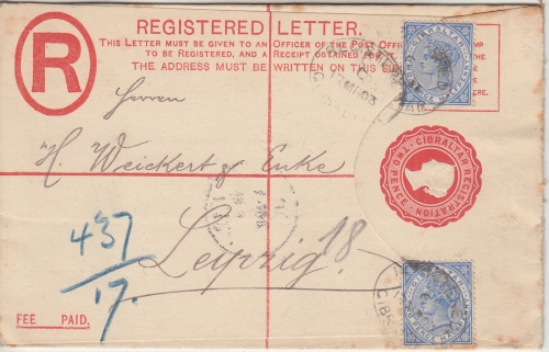Gibraltar - 2 P. Victoria Ganzsache + Zusatz Einschreibebrief n. Leipzig 1903