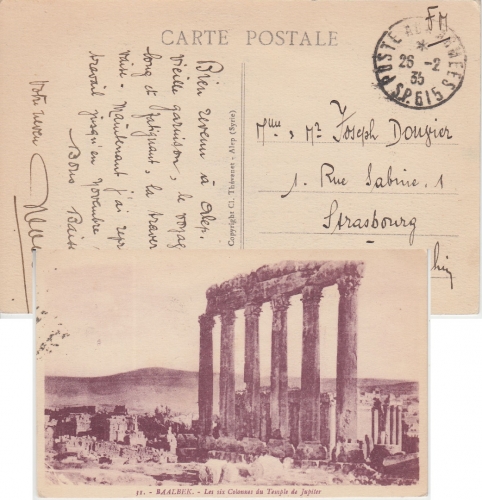 Frankreich/Libanon - Poste aux Armees SP615 AK Baalbek n. Strassbourg 1935