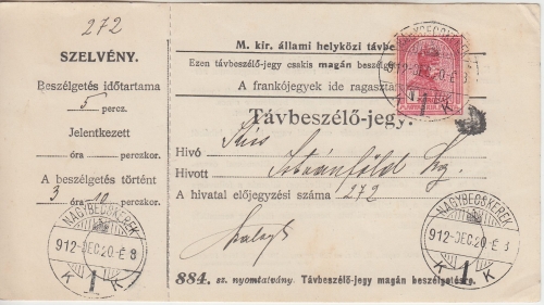 Ungarn/Serbien - 1 K. Kaiser Franz-J. Telefonquittung Nagybecskerek 1912