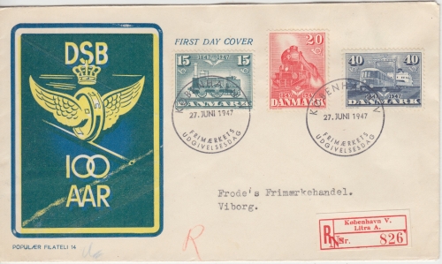 Dänemark - 100 J. Dän. Eisenbahn Schmuckkuvert R-Brief/FDC Kopenhagen 1947