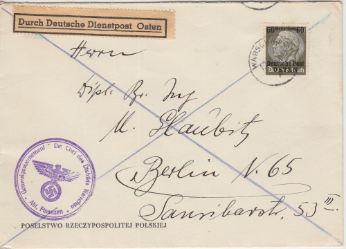 Gen.Gouv. - 60/30 Gr. Hindenburg/Überdruck Brief Warschau - Berlin 1940