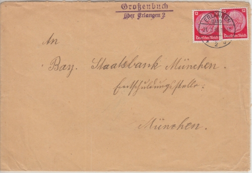 DR - Großenbuch ü. Erlangen 2 Landpost-L2 Brief n. München 1936