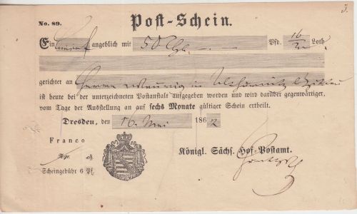 Sachsen - Dresden 1862 Postschein f. Geldbrief (50 Taler) n. Zittau