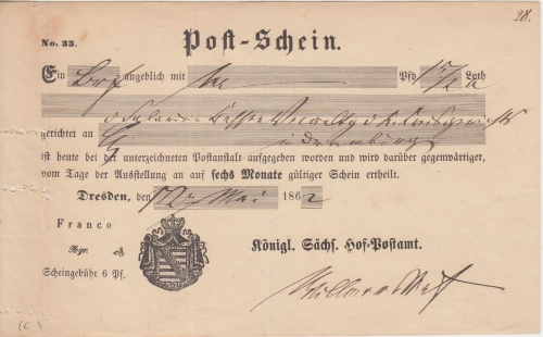 Sachsen - Dresden 1862 Königl. Sächs. Hof-Postamt Postschein