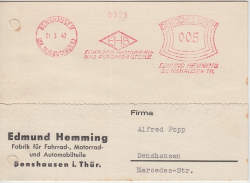 DR - Benshausen 1942 5 Pfg. AFS Edmund Hemming Ortskarte