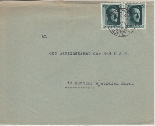 DR - 6 Pfg. AH waagr. Paar ex Block 7 Brief Hohenhausen (Lippe) - Münster 4.5.37
