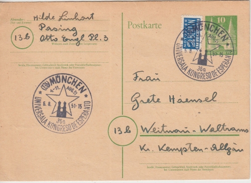 BRD - München Esperanto Kongress 1951 SST 10 Pfg. Ganzsache n. Weitnau