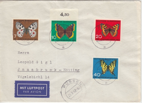 BRD - Jugend 1962 Schmetterlinge Luftpostbrief/FDC n. ÖSTERREICH Füssen 25.5.62