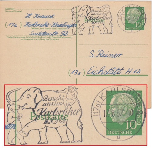 BRD - Karlsruhe Zoo Elephant Affe Bär Masch.werbestempel Ganzsache 1957