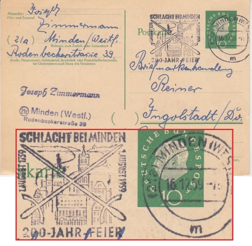 BRD - Schlacht bei Minden 200-Jahr-Feier Masch.werbestempel Ganzsache 1959